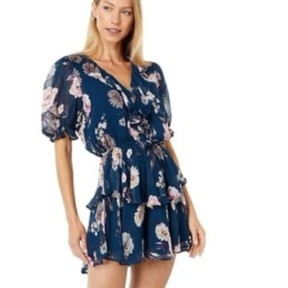 YUMI KIM Reese navy Floral Mini Ruffle dress bell sleeve Large NWT - Picture 2 of 15